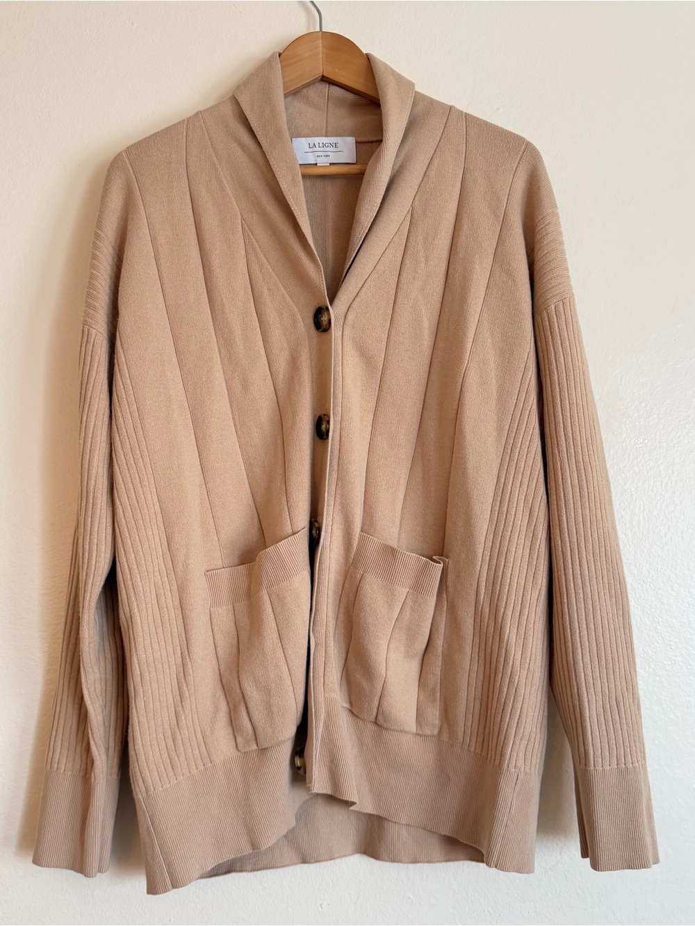La Ligne Taupe Ribbed Knit Shawl-Collar Cardigan Blazer Cashmere Blend